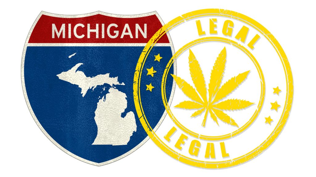 Una insignia del estado de Michigan y un sello amarillo que dice "legal"