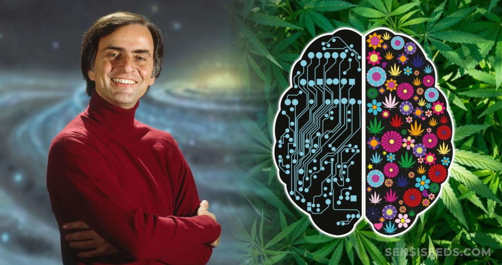 Carl Sagan and the outline of a brain split into two halves