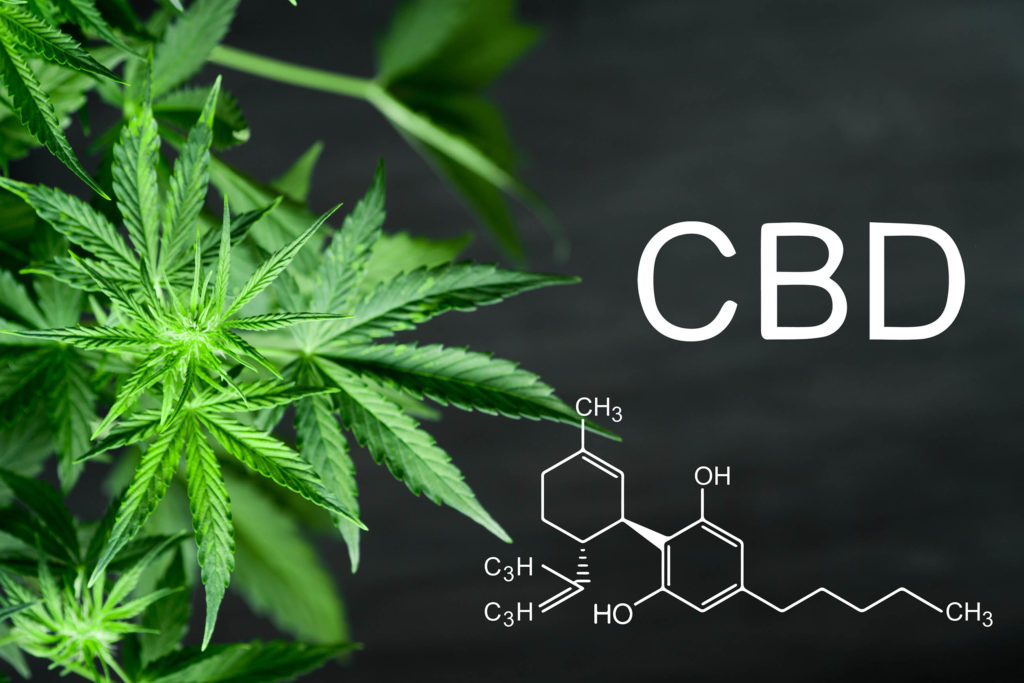 La fórmula química del CBD y una planta de cannabis.