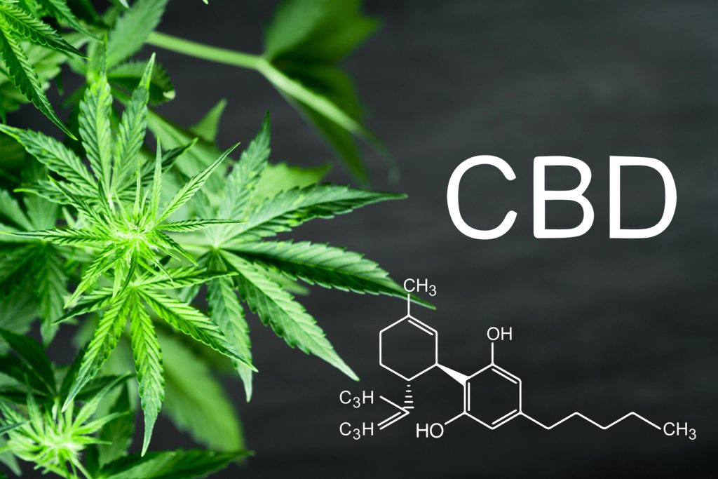 The chemical formula for CBD and a cannabis plant 