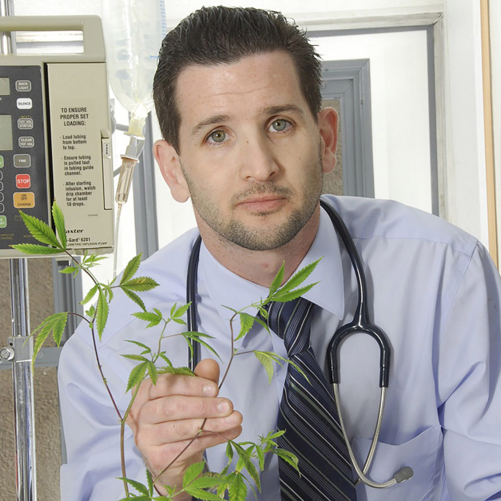 A doctor holding a cannabis plant