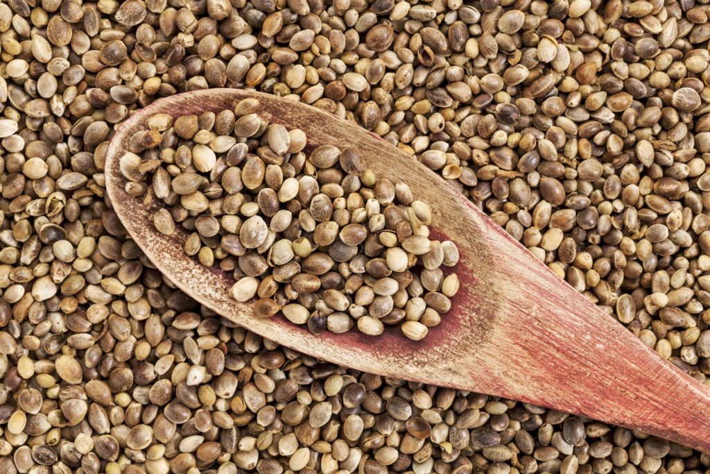 Stacked hemp seeds and a wooden spoon