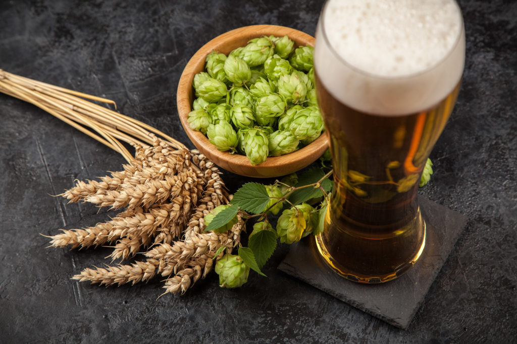 A pint of beer next to a bowl of hops 