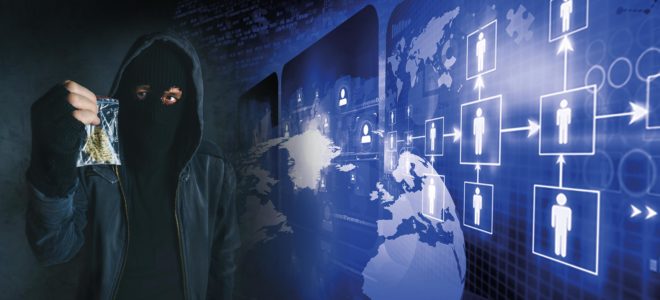 A thief with black mask holding a bag of cannabis and blue screen beside