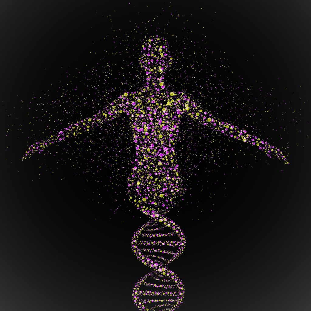 Een menselijk lichaam gemaakt van paarse en groene stippen. De benen veranderen in een DNA-structuur