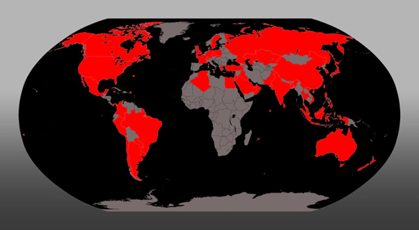 A black and grey map of the world with certain areas highlighted in red