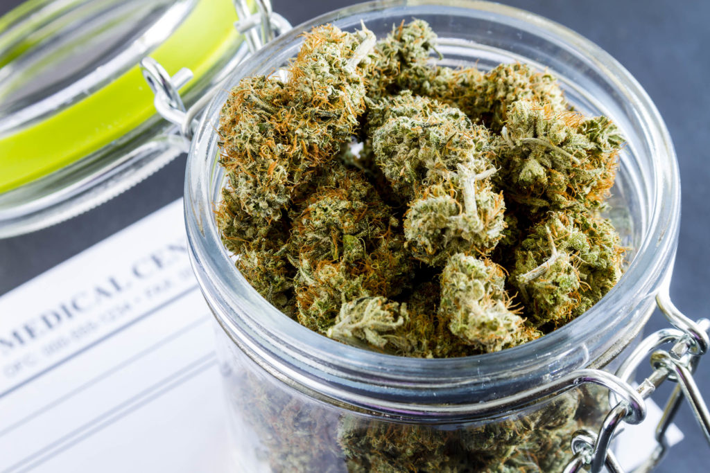 Cannabis buds in a glass jar