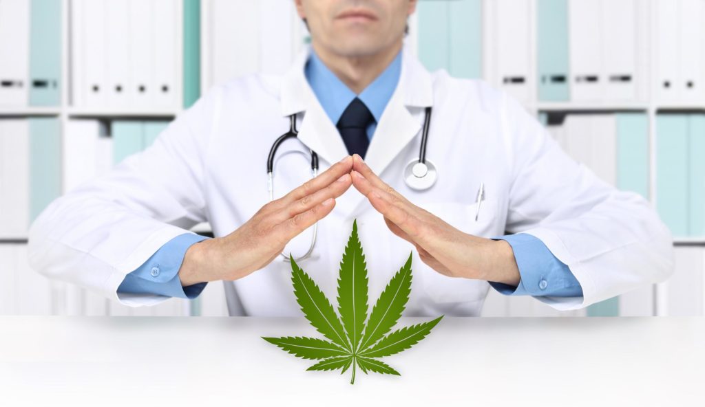 Un doctor sentado en un escritorio y una hoja de cannabis.