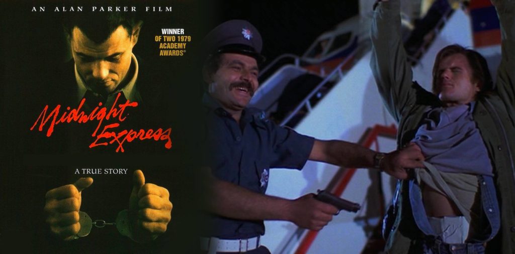 A film poster of Midnight Express and a still from the film