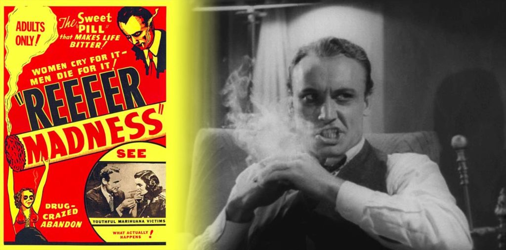 A red and yellow film poster for Reefer Madness and a still from the film 