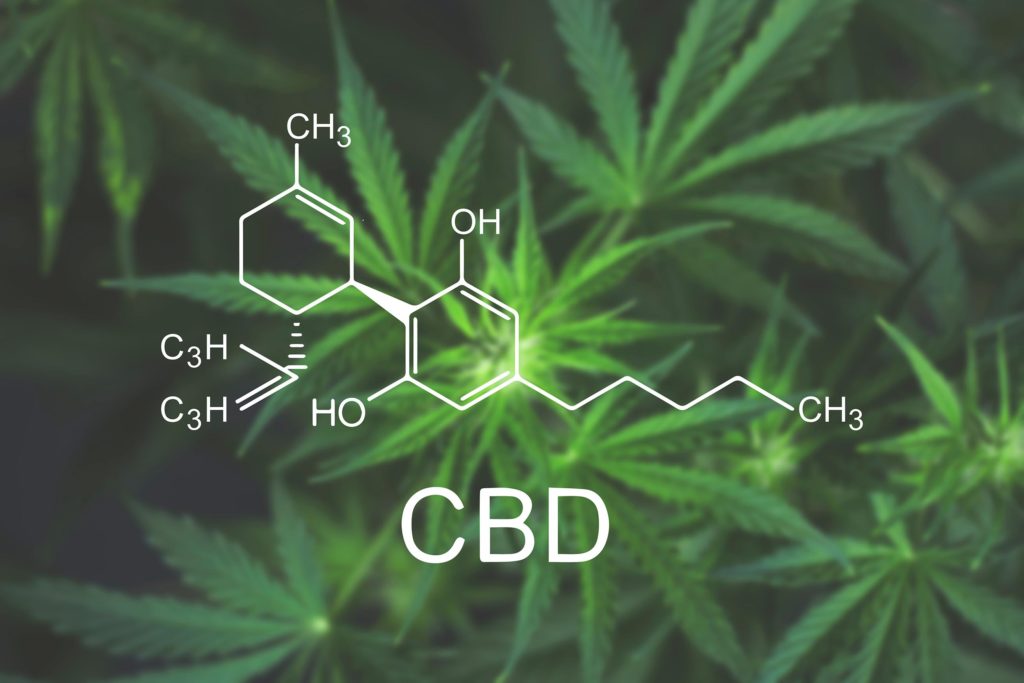 The chemical formula of CBD and a cannabis plant