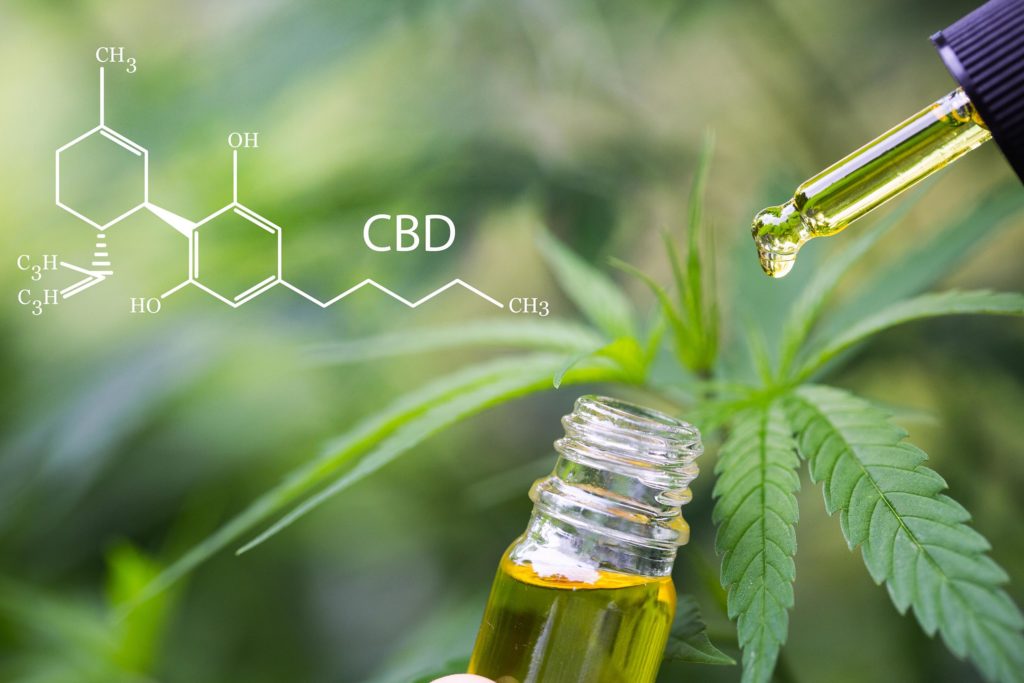 The chemical formula of CBD, a bottle of CBD oil and a cannabis plant