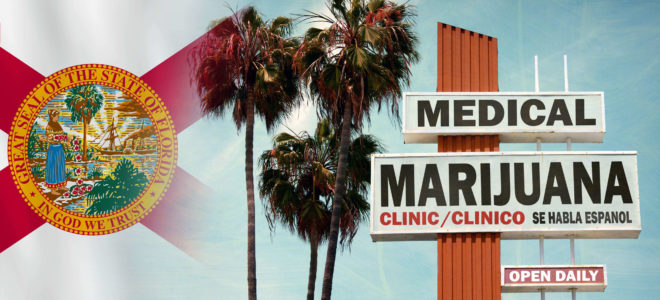 The Floridian flag, palm trees, and a sign for 'medical marijuana'