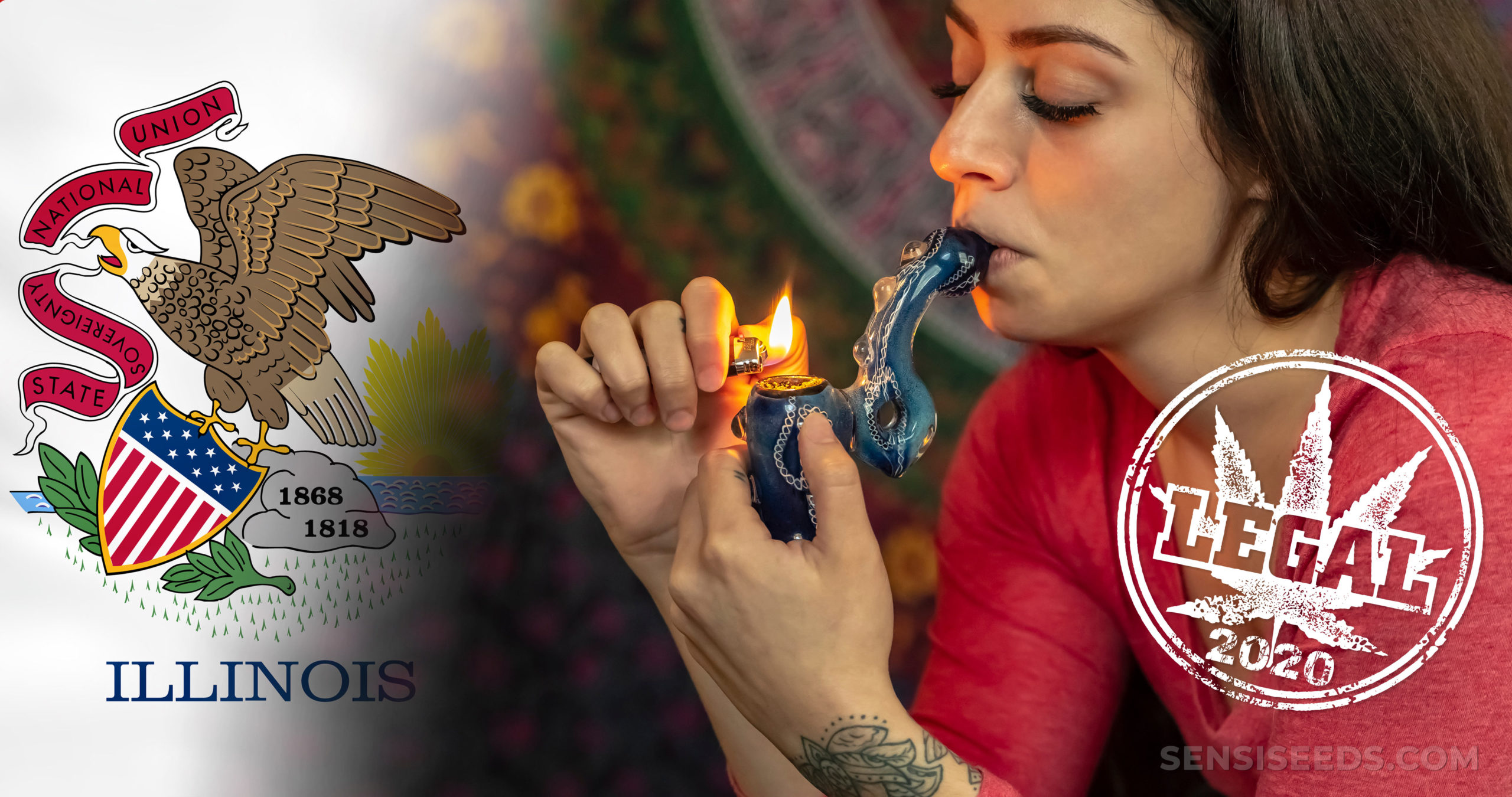 The Illinois flag and a woman smoking a cannabis pipe