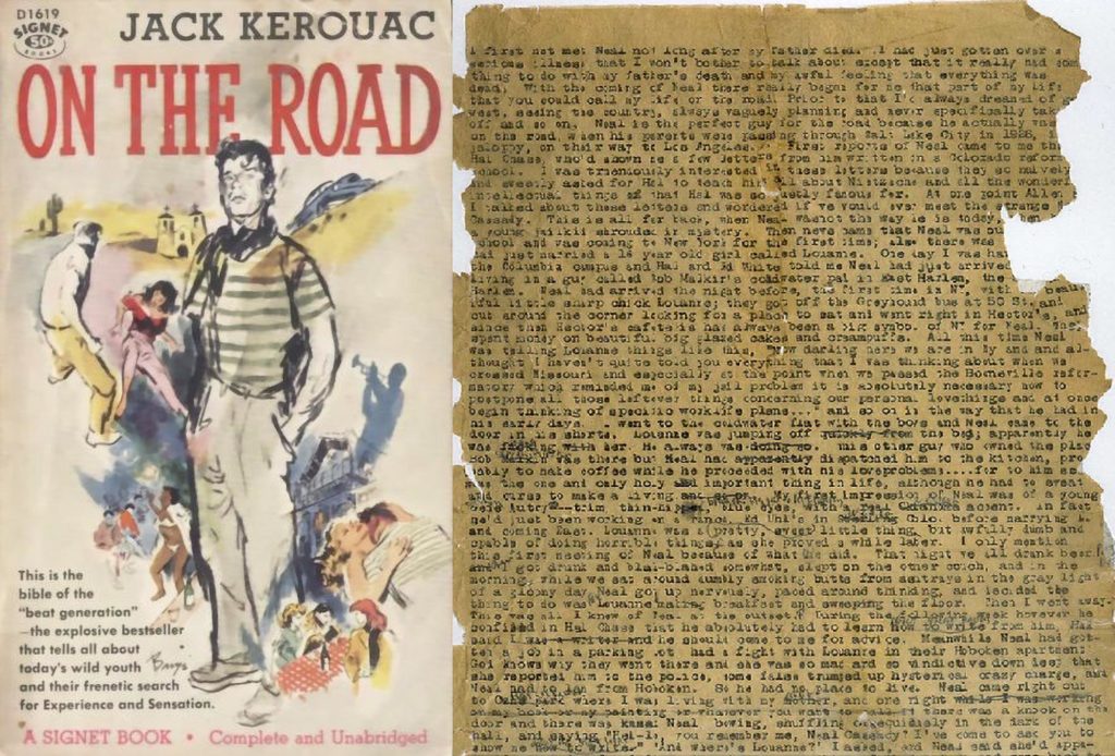 A book cover of “On the Road” and a page from the book