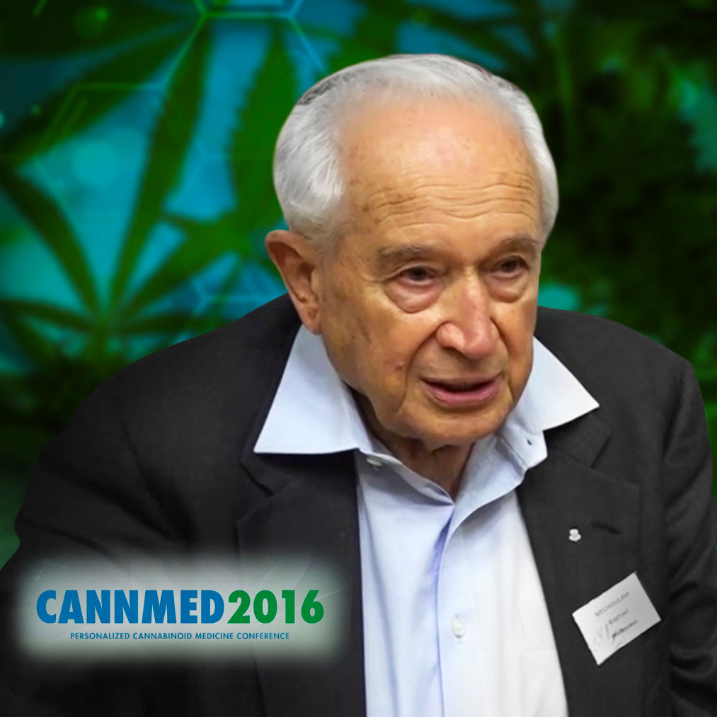 Raphael Mechoulam portrait with Cannmed 2016 logo