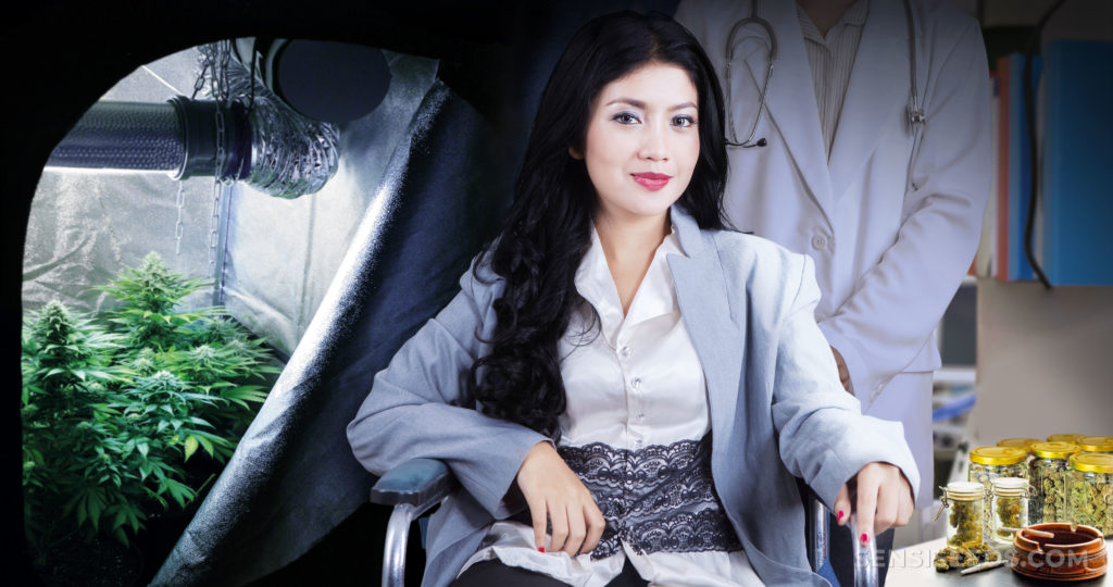 A woman sitting at the table with jars of cannabis and grow tent with cannabis