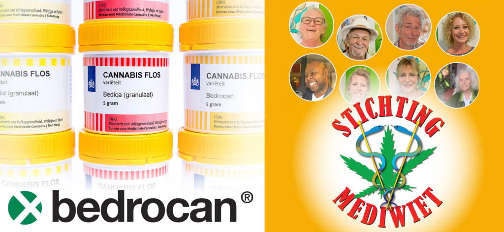 Bottles of medicinal cannabis and Bedrocan and Stichting Mediwiet logos