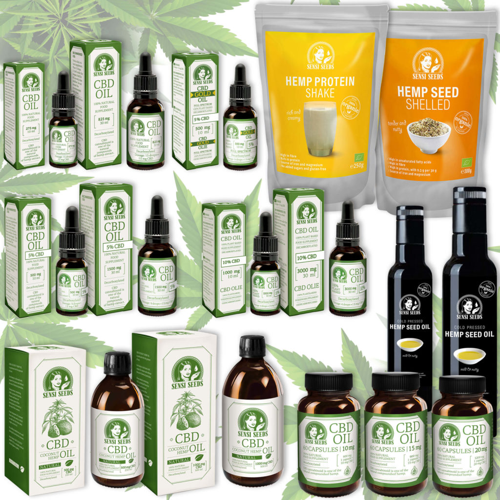 CBD oils, hempseed oil, package of hemp seeds and hemp protein shake