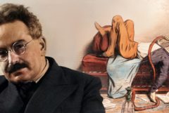 Walter Benjamin portrait and a man smoking a hookah in the background