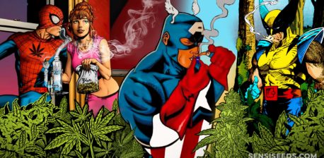 Various comic book characters with cannabis