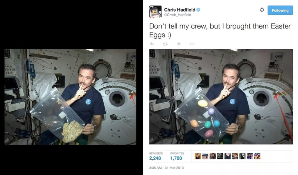 Commander Chris Hadfield with photoshopped weed and original image with Easter eggs