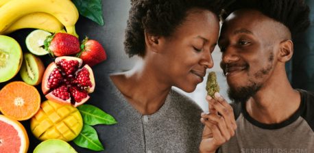 Bunch of fruit and a Afican-American couple smelling a dried cannabis flower