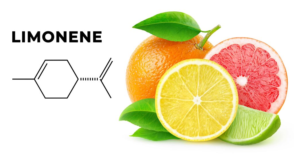 Una fórmula química de limoneno y limón picado, toronja, naranja y lima