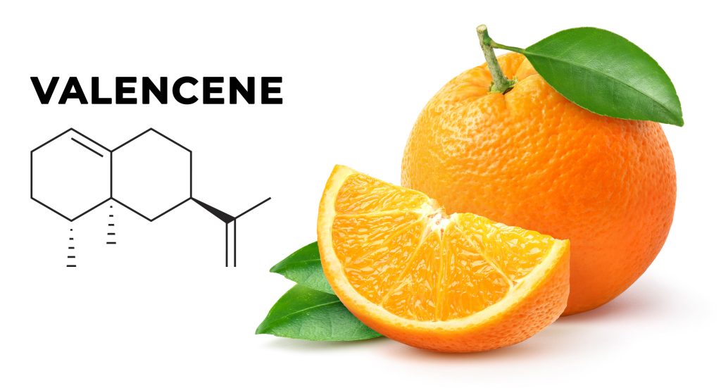 Una fórmula química de valenceno y una naranja al lado