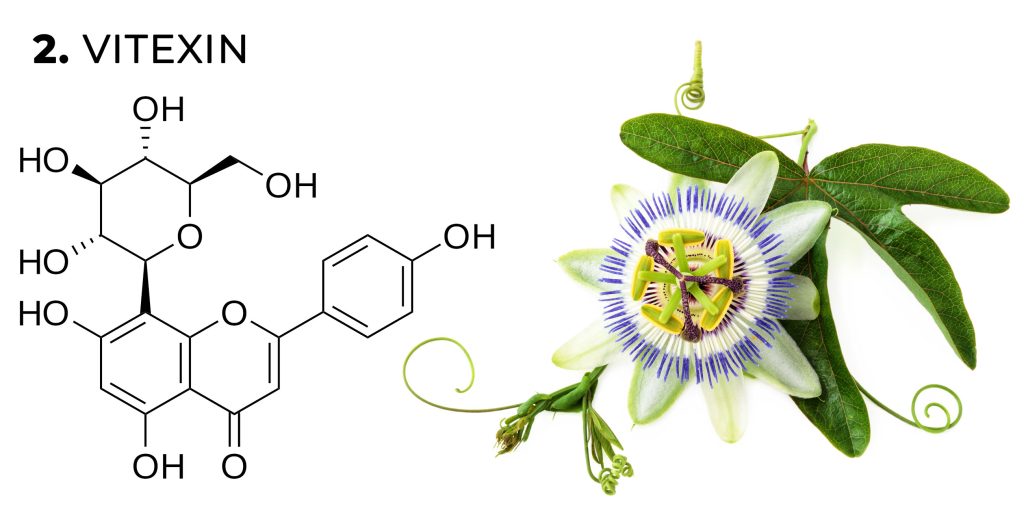 Una fórmula química de flavonoides vitexina y una flor de pasión contra el fondo blanco