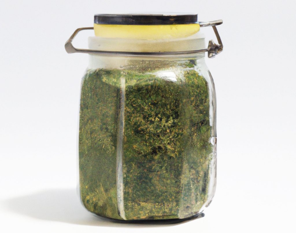 Cannabis solution in a sealed glass jar against the white background