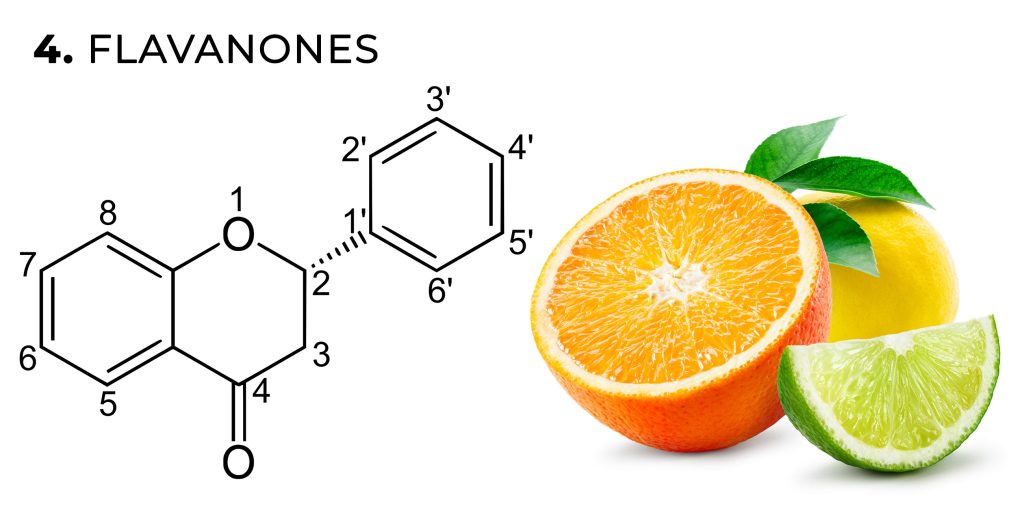 Una fórmula química de flavanonas y una naranja, lima y limón contra el fondo blanco