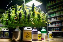 Cannabis plants growing indoors under artificial light and bottles filled with chemicals