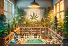 Una habitación llena de plantas de cannabis y un escritorio con varios equipos y algunas articulaciones