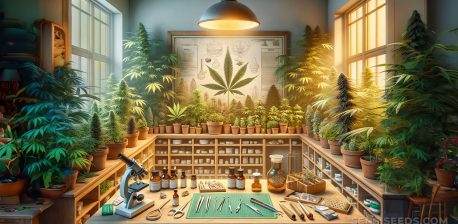 Una habitación llena de plantas de cannabis y un escritorio con varios equipos y algunas articulaciones