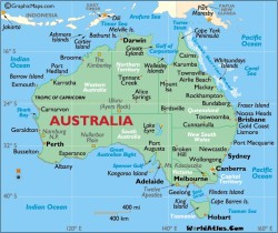 Landkarte von Australien, auf der die Bundesstaaten und Territorien sowie ihre wichtigsten Städte zu sehen sind (CC. Nathan Hughes Hamilton)