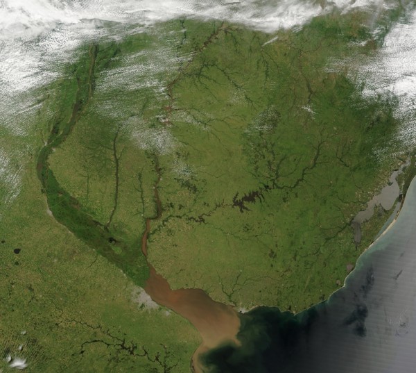 Uruguay's flat, fertile deltas and gently rolling hills are ideal for cannabis cultivation (© Nasa Goddard)