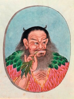 An oval portrait of Shen Nung dressed in green and red feathers and chewing a branch