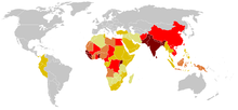 Casos de tétanos en todo el mundo, 1990-2004. Las áreas más oscuras son las de mayor prevalencia (Wikimedia Commons)